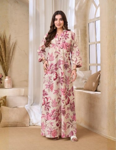 Beige Floral Print Jalabiya in Pink Hues