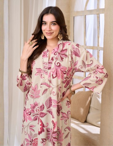Beige Floral Print Jalabiya in Pink Hues