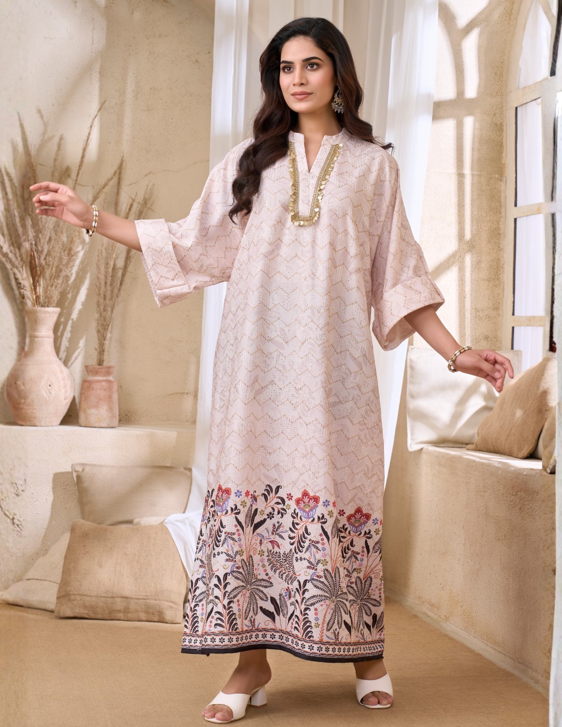 Blush Pink Jalabiya with Gold Embellishments and Floral Border