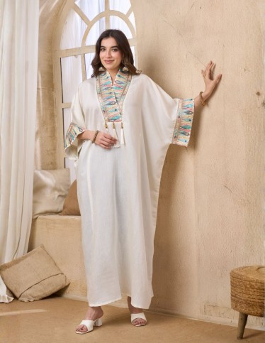 White Jalabiya with Colorful Embroidery and Tassels