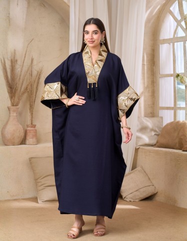 Luxurious Navy Blue Jalabiya with Golden Embellishments