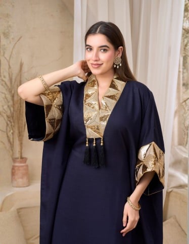 Luxurious Navy Blue Jalabiya with Golden Embellishments
