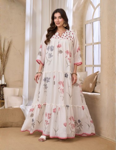 White Tiered Floral Print Jalabiya