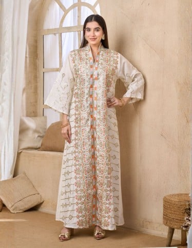 Embroidered White Open Front Jalabiya