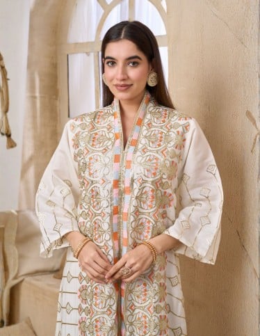 Embroidered White Open Front Jalabiya