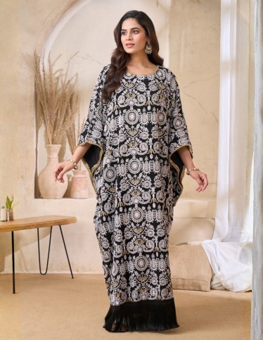 Ornate Embroidered Kaftan with Fringe