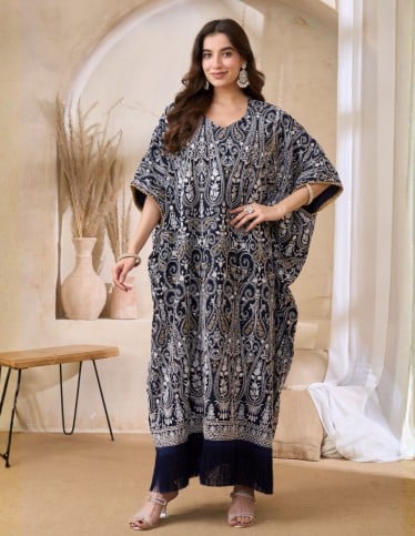 Elegant Paisley Kaftan with Fringe - Navy Blue