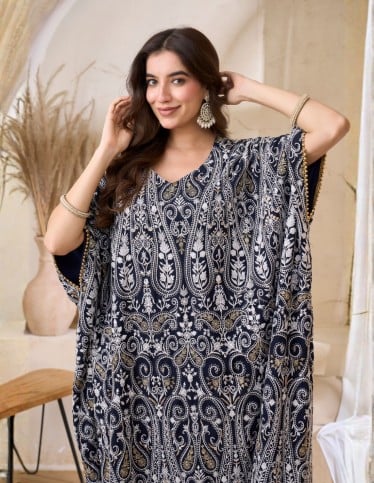 Elegant Paisley Kaftan with Fringe - Navy Blue