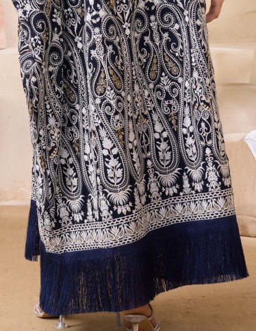 Elegant Paisley Kaftan with Fringe - Navy Blue