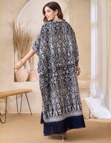 Elegant Paisley Kaftan with Fringe - Navy Blue