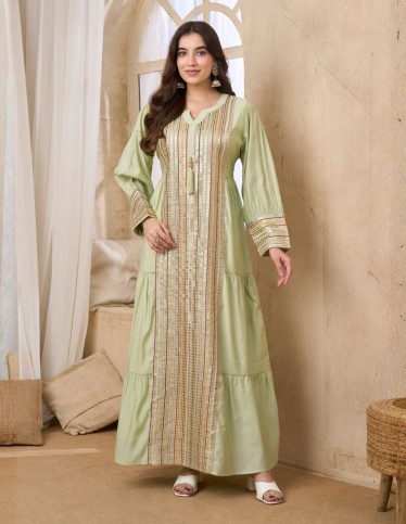 Elegant Green Jalabiya with Multi-Colored Embroidery
