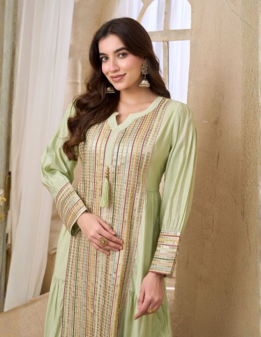 Elegant Green Jalabiya with Multi-Colored Embroidery