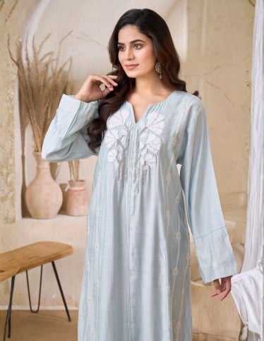 Serene Blue Embroidered Jalabiya