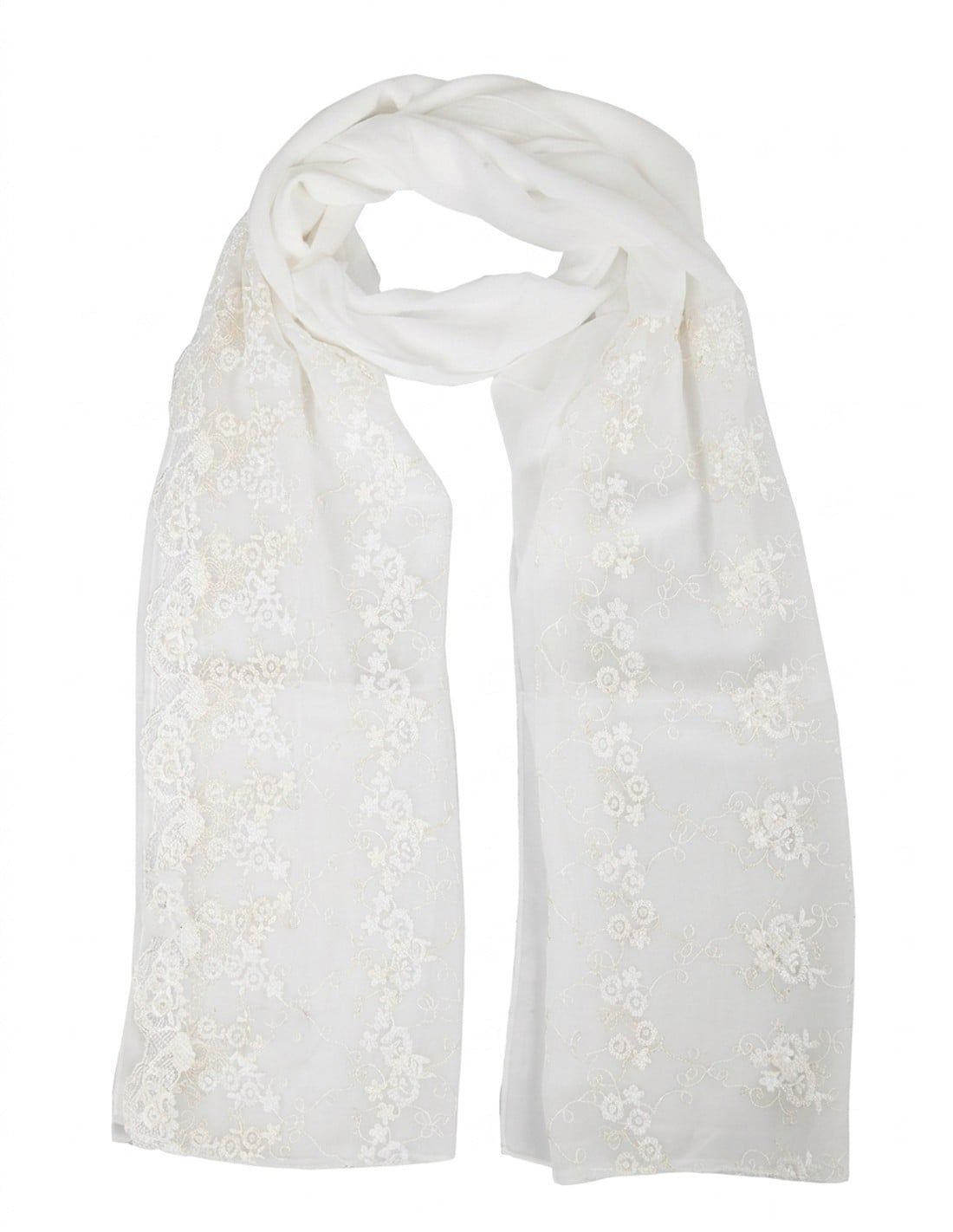 Romantic Floral Embroidered Cream Scarf