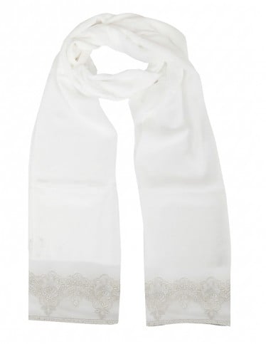 Sophisticated White Scarf with Embroidered Border