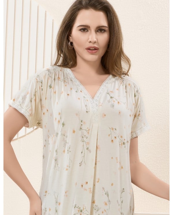 Floral Lace-Trim Maxi Nightgown