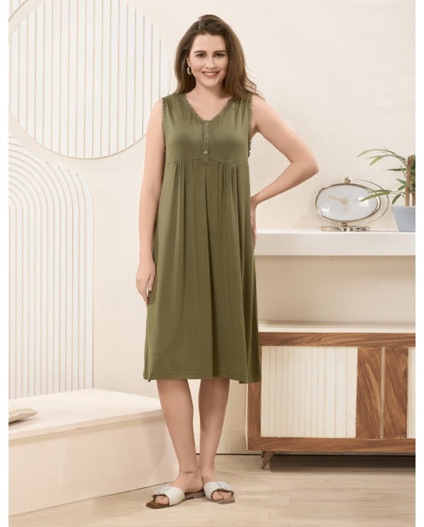 Olive Green Lace-Detail Sleeveless Nightgown