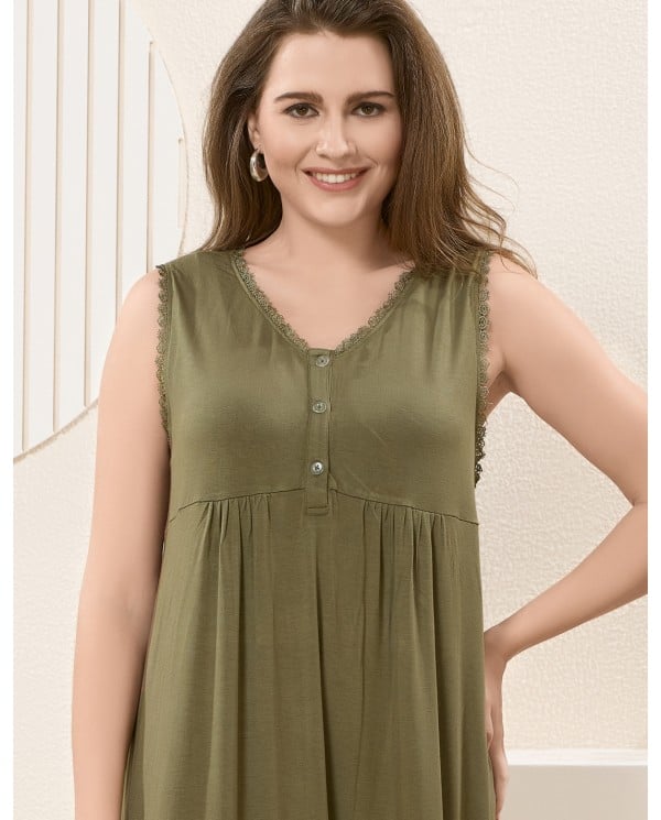 Olive Green Lace-Detail Sleeveless Nightgown