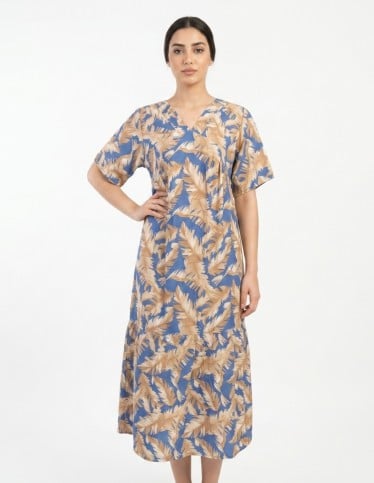 Tropical Leaf Print V-Neck Jalabiya