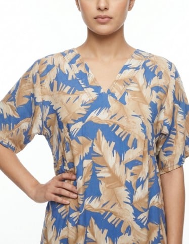 Tropical Leaf Print V-Neck Jalabiya