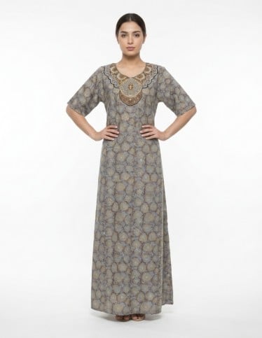 Elegant Printed Jalabiya with Golden Embroidered Neckline