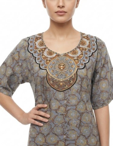 Elegant Printed Jalabiya with Golden Embroidered Neckline