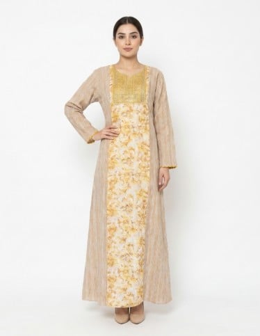 Striped Jalabiya with Yellow Floral Panel and Gold Embroidery