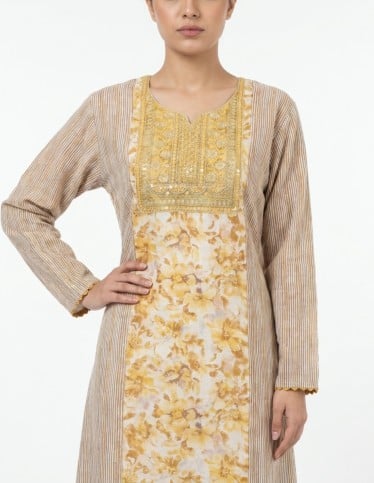 Striped Jalabiya with Yellow Floral Panel and Gold Embroidery