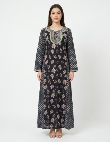 Black Floral & Geometric Print Jalabiya with Colorful Embroidery