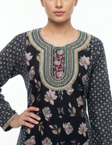 Black Floral & Geometric Print Jalabiya with Colorful Embroidery