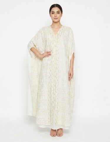 Cream Geometric Embroidered Kaftan Jalabiya