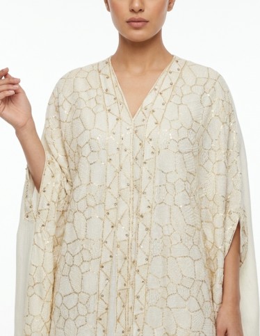 Cream Geometric Embroidered Kaftan Jalabiya