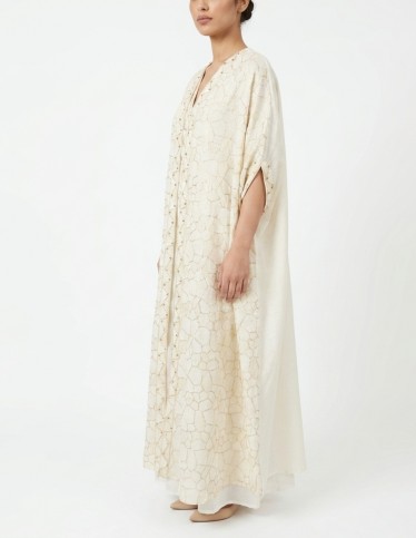 Cream Geometric Embroidered Kaftan Jalabiya