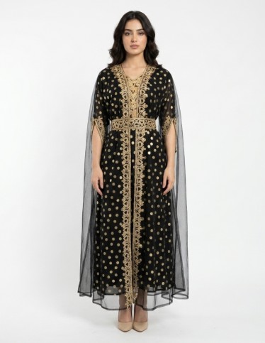 Black & Gold Polka Dot Embroidered Kaftan