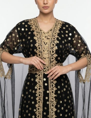 Black & Gold Polka Dot Embroidered Kaftan