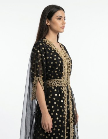 Black & Gold Polka Dot Embroidered Kaftan