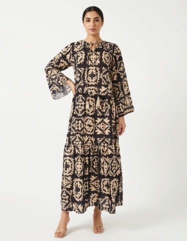 Black & Beige Geometric Print Long Jalabiya