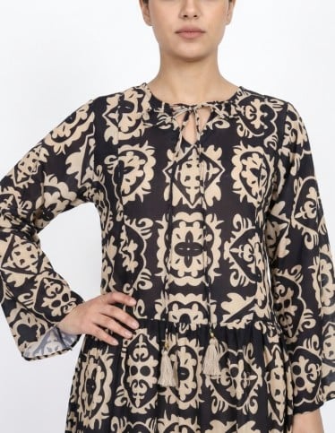 Black & Beige Geometric Print Long Jalabiya