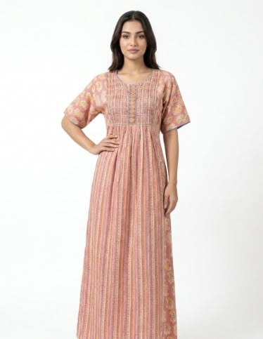 Printed Jalabiya with Embellished Details and Stripes