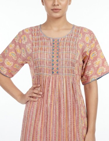 Printed Jalabiya with Embellished Details and Stripes