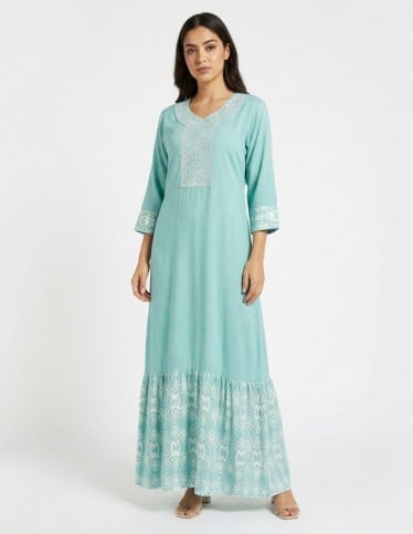 Embroidered V-Neck Jalabiya with Patterned Ruffled Hem