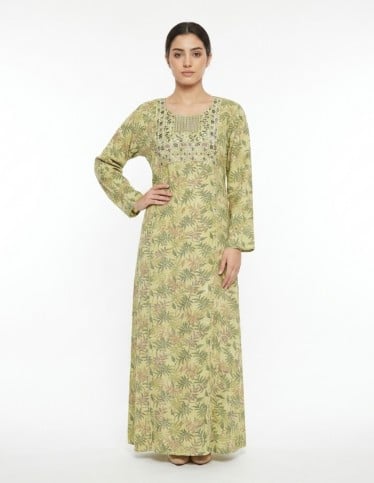 Leaf Print Jalabiya with Rich Embroidery