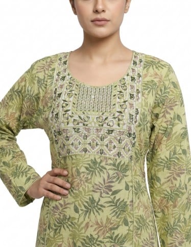 Leaf Print Jalabiya with Rich Embroidery