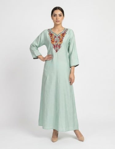 Elegant Mint Green Floral Embroidered Jalabiya