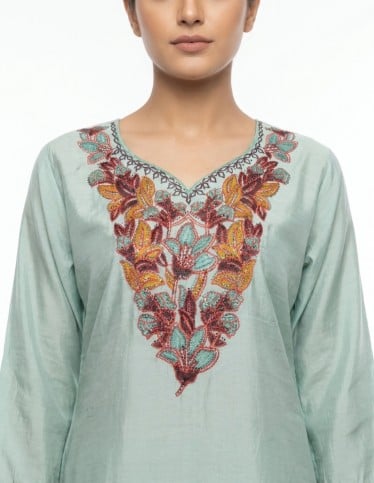 Elegant Mint Green Floral Embroidered Jalabiya