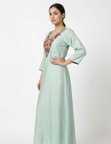 Elegant Mint Green Floral Embroidered Jalabiya