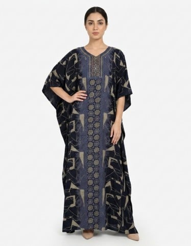 Navy Blue Geometric Pattern Kaftan Jalabiya