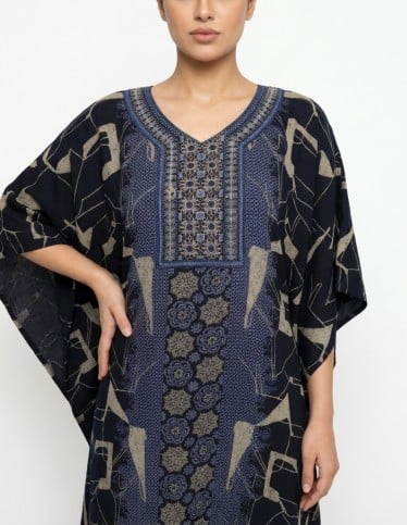 Navy Blue Geometric Pattern Kaftan Jalabiya