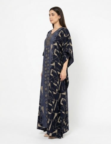 Navy Blue Geometric Pattern Kaftan Jalabiya
