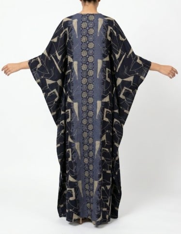 Navy Blue Geometric Pattern Kaftan Jalabiya